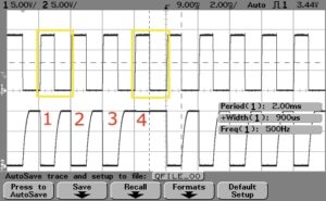 Scope screen of the DSC Keybus signals with zone 4 open